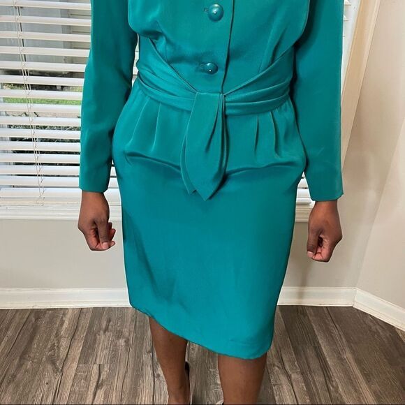 Vintage Mirella Cavorso Neiman Marcus Vintage Silk Teal Midi Dress - Picture 9 of 13